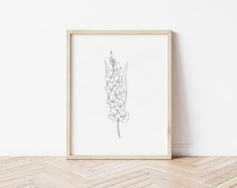 Gladiolus Drawing | Gladiolus Print | Floral Drawing | Pencil Drawing | Printable Wall Art | Flower Print | August Birth Flower | Gladiolus
