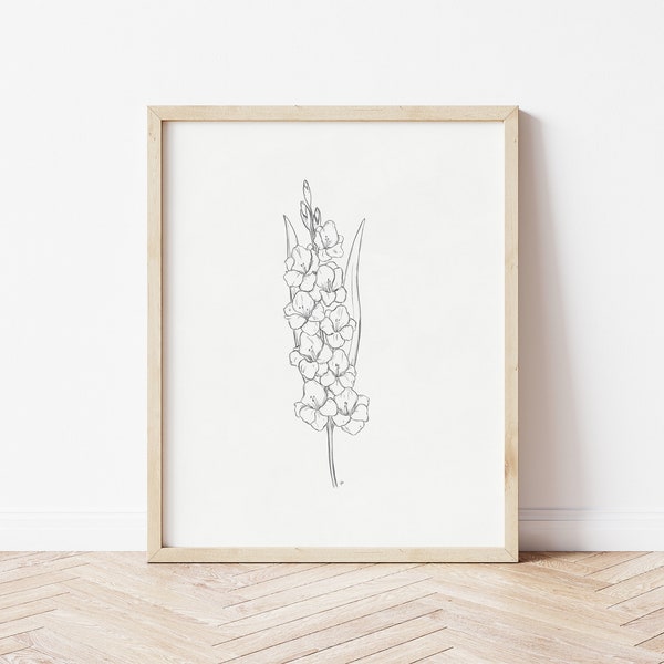 Gladiolus Drawing | Gladiolus Print | Floral Drawing | Pencil Drawing | Printable Wall Art | Flower Print | August Birth Flower | Gladiolus