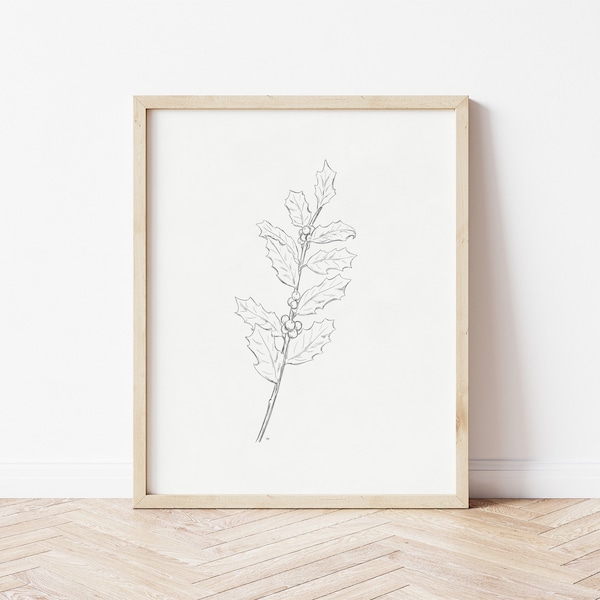 Holly Sketch | Holly Print | Botanical Art | Pencil Drawing | Printable Wall Art | Flower Art | Floral Print | Holly Drawing | December Art