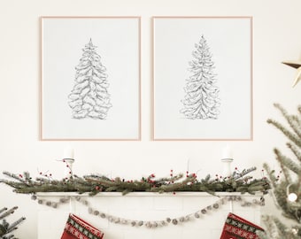 Baum Print 2er Set, Urlaubs Prints Vintage, Tannen Druck, Weihnachtsbaum Poster Download, Tannenbaum Druck, Tannenbaum Zeichnung, Winter Baum Druck