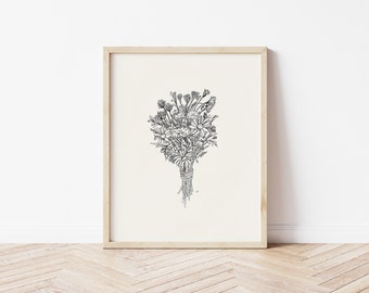 Bouquet Art Print | Wildflowers Botanical Art | Floral Line Drawing | Printable Wall Art | Flower Print | Vintage Art Print | Botanical Art