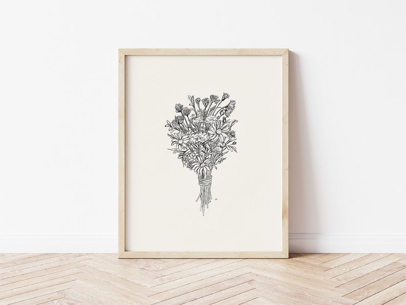 Bouquet Art Print Wildflowers Botanical Art Floral Line Drawing Printable Wall Art Flower Print Vintage Art Print Botanical Art image 1