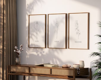 Arte floral del mes de nacimiento, estampado floral personalizado, flor de nacimiento personalizada, estampado floral de nacimiento, estampados florales en blanco y negro, estampados florales neutros