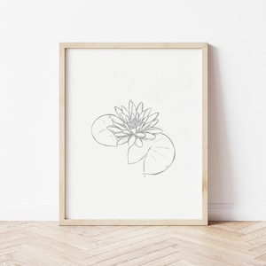 Dessin de nénuphar | Impression de nénuphar | Dessin floral | Dessin au crayon | Art mural imprimable | Impression de fleurs | Fleur de naissance de juillet Impression artistique