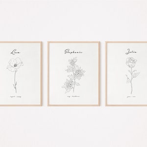 Personalized Birth Flower Print, Custom Flower Name, Birth Flower Gift, Black and White Flower Printable, Birth Month Flower Art image 2