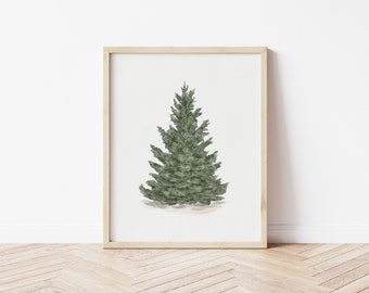 May include: A framed print featuring a watercolor illustration of a green evergreen tree. The artwork is set against a white background and framed in a light wood frame. The tree is detailed with shades of green, creating a natural and serene aesthetic.