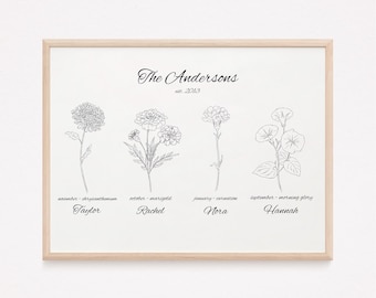 Individuelle Familie Geburt Blumen Print: Personalisierte Line Art (Digitaler Download)