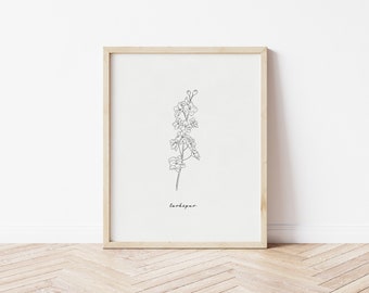Rittersporn Kunstdruck | Floral Line Art | Strichzeichnung | Druckbare Wandkunst | Druck | Botanische Kunst | Juli Geburtsblumen Druck