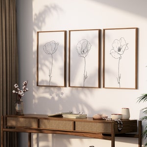 Poppy Flowers Art, Botanical Wall Art Set of 3, Poppy Digital Download, Black and White Botanical Prints, Neutral Botanical Print Set of 3