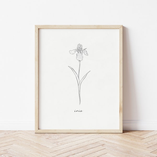 Impression d'iris | Dessin au trait Iris | Dessin au trait floral | Art mural imprimable | Impression botanique | Impression d'art de fleur | Fleur de naissance de février | Iris