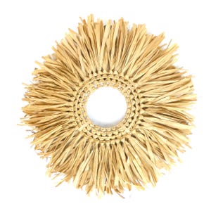 Sunburst Raffia Wall Hanging – Boho Natural Wall Decor – Handmade Wreath Style – 19” Round Statement Art – Modern Bohemian Home