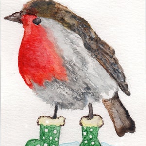 Robin en bottes, carte de vœux de Noël festive, imprimé d’art original, faune, nature, ferme, petite exploitation, aquarelle