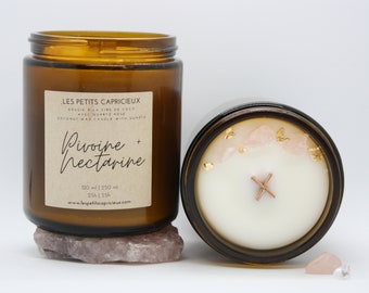 PEONY + NECTARINE | Luxury coconut wax candle | With Rose Quartz| Wooden wick