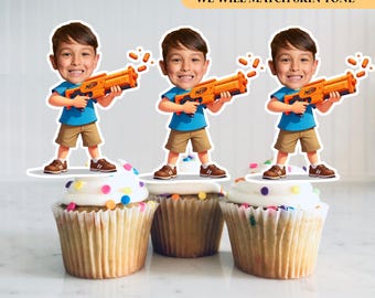 Personalized Nerf Player Cupcake Topper with Face Nerf Party Decoration, Nerf Birthday, Nerf Party