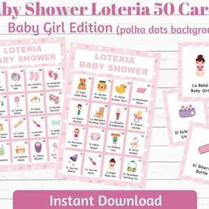 Loteria Baby Shower-Edición Niña 50 Cartas (fondo lunares)