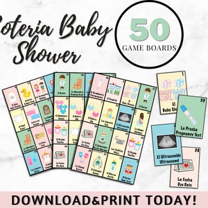 50 cartes Baby shower Loteria espagnol-anglais/cartes Loteria / Baby Shower mexicain / Baby Loteria / juegos baby shower / juegos español