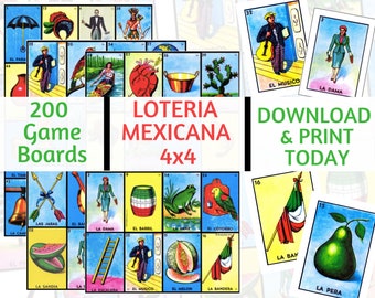 200 Loteria Cards, 4x4 Game Boards, Digital File, Instant Download