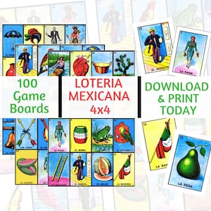 100 cartas de lotería, Tableros de juego 4 x 4, Archivo digital, Descarga instantánea
