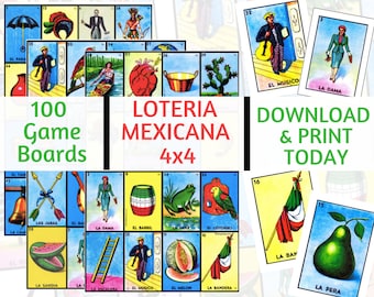 100 Loteria Cards, 4x4 Game Boards, Digital File, Instant Download