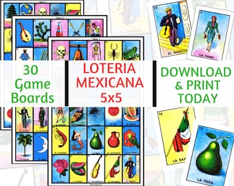 30 Loteria Cards, 5x5 Game Boards, Digital File, Instant Download
