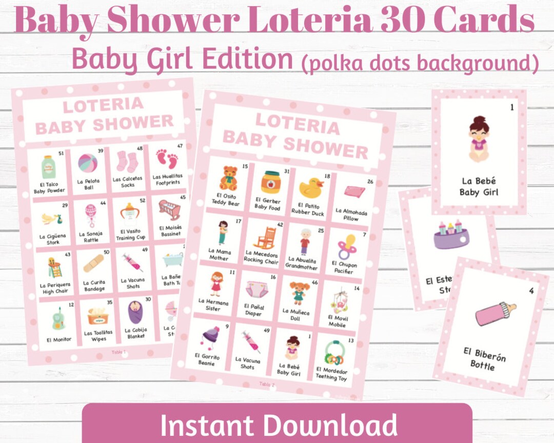 Baby Shower Loteria-baby Girl Edition 30 Cards (polka Dots Background ...