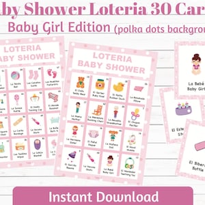 Lotería para Baby Shower, edición niña, 30 tarjetas (fondo de lunares)