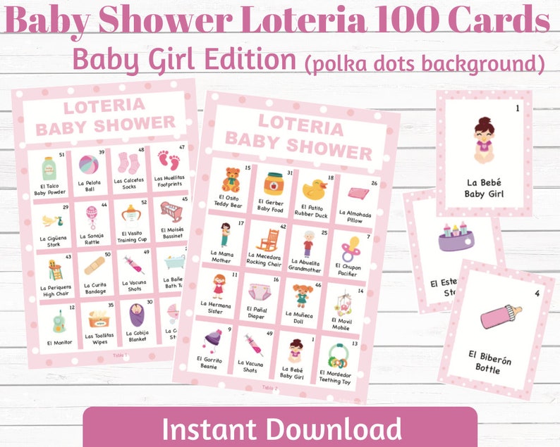 Baby Shower Loteria-Baby Girl Edition 100 Cards polka dots background