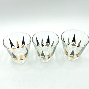 Anchor Hocking "Golden Peaks" Mid Century Shot Glasses, Set of 3, Gold, Black Arrow, Diamond, Vintage Glassware, MCM Shot Glass, Barware