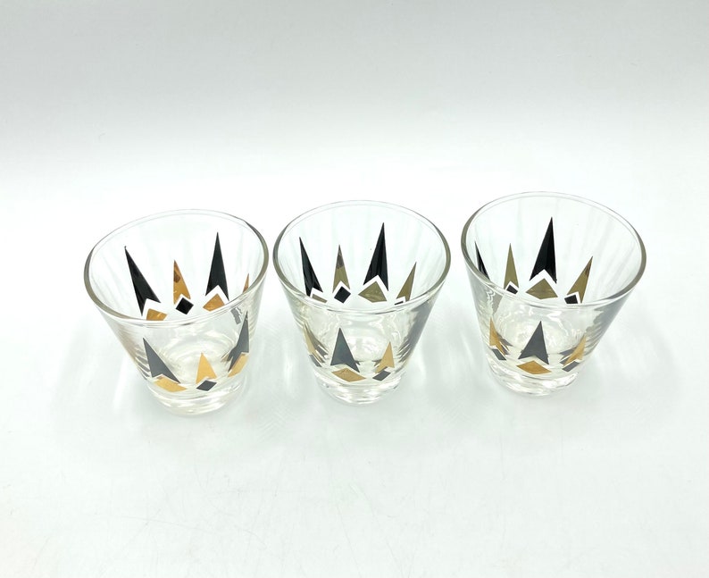 Anchor Hocking "Golden Peaks" Mid Century Shot Glasses, Set of 3, Gold, Black Arrow, Diamond, Vintage Glassware, MCM Shot Glass, Barware
