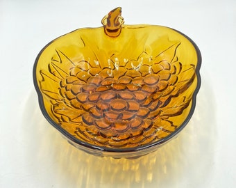 Vintage Indiana Glass Amber Grapes Harvest Fruit Shaped Bowl, Console Centerpiece Dish, Honey Gold 70s Glassware