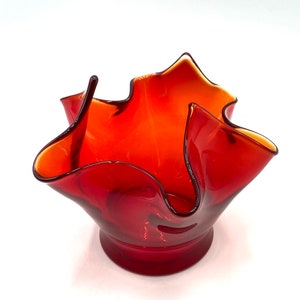 Vintage Bischoff Red Amberina Art Glass Handkerchief Vase, Ombre Orange Red, Retro Glassware Bowl Compote, Art Glass image 1