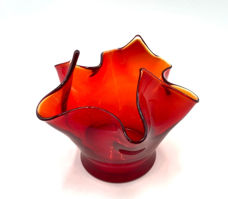 Vintage Bischoff Red Amberina Art Glass Handkerchief Vase, Ombre Orange Red, Retro Glassware Bowl Compote, Art Glass image 1