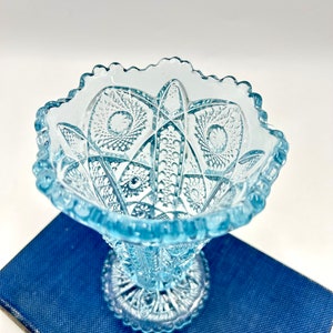 Vintage Imperial Glass Ice Blue Vase, Hobstar with Sawtooth Rim, Cut Glass Footed Vase, MCM 50s Glassware image 3