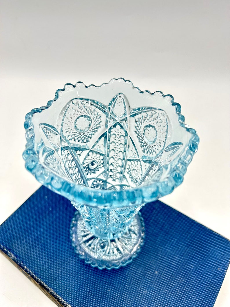 Vintage Imperial Glass Ice Blue Vase, Hobstar with Sawtooth Rim, Cut Glass Footed Vase, MCM 50s Glassware image 3