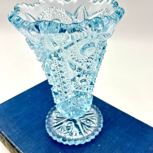 Vintage Imperial Glass Ice Blue Vase, Hobstar with Sawtooth Rim, Cut Glass Footed Vase, MCM 50s Glassware image 6