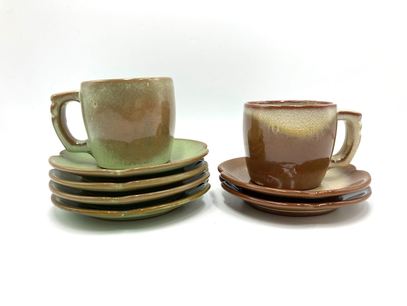 Frankoma Plainsman Cups and Saucers in Desert Gold and Prairie Green, Nos. 5C, 5E, Vintage Cup, Mug, Mugs, Saucer, Pottery, Dinnerware