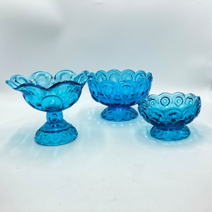 Compote de lune bleue et d'étoiles en verre L E Smith, bol sur pied, plat à bonbons, bord festonné à volants, verrerie vintage image 4