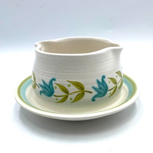 Franciscan Tulip Time Gravy Boat with Attached Under Plate, Avocado Green, Turquoise Blue Stoneware, Floral Mid Century Retro Dinnerware