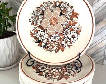 Taylor Ironstone Wood Rose  Dinner Plates, Set of 2, Taylor Smith Taylor, Brown, Rust, Orange, Flower, Floral, Vintage Dinnerware, Retro 70s