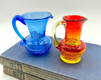 Vintage Rainbow Glass Co. Crackle Glass Mini Pitchers, Miniature, Small, Blue, Orange, Yellow, Red, Amberina, Cracked Glass Retro Glassware