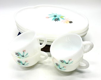 Atomic Flower, Federal Glass Co, Snack Plate & Cup Sets, Milk Glass Plates, Aqua, Pink, Yellow, Black, Floral, 50s, Retro Style
