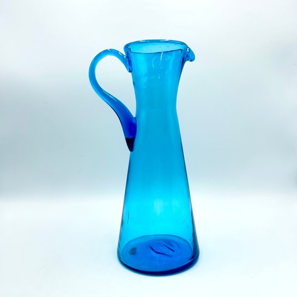 Vintage Empoli Glass Peacock Blue Tall Pitcher, Hand Blown, Made in Italy Sticker, Italian Glass, MCM Drinkware, Bar, Barware