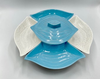 Mid-Century Serving Set, Lazy Susan, Aqua Turquoise Teal White Ceramic, Pottery, 7 piece Serving Bowl  Lid, Vintage Side Dishes Bowl USA L34