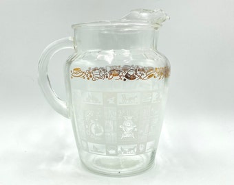 Federal Glass Mid Century Ice Lip Glass Pitcher, 76 oz. White and Gold Decal, Features Vintage Hats, Bicyles, Stove, Glassware, Drinkware
