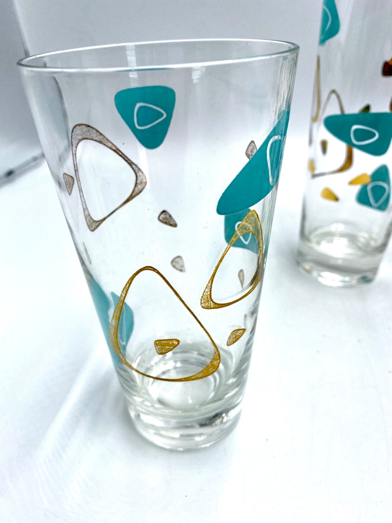 Federal Glass MCM Boomerang Capri Glasses, One 1 Water Tumbler, Turquoise Blue & Gold Drinkware, Barware Iced Tea Glasses are Sold: image 3