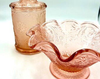 Vintage Tiara "Sandwich Peach" Pink Glass Canister or 10" Salad Bowl with Ruffled Edge, Pressed Glass, Flower, Depression Style Glassware