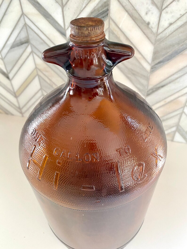 Vintage Hi-Lex Amber Gold Brown Glass Bottle with Cap, One Gallon, Industrial Retro, Rust, Orange, Collectible image 2