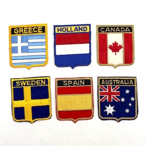 Vintage 1980’s  Embroidered Country Patches, Olympics Patches, Australia, Canada, Greece, Holland, Spain, Sweden, Sold Individually