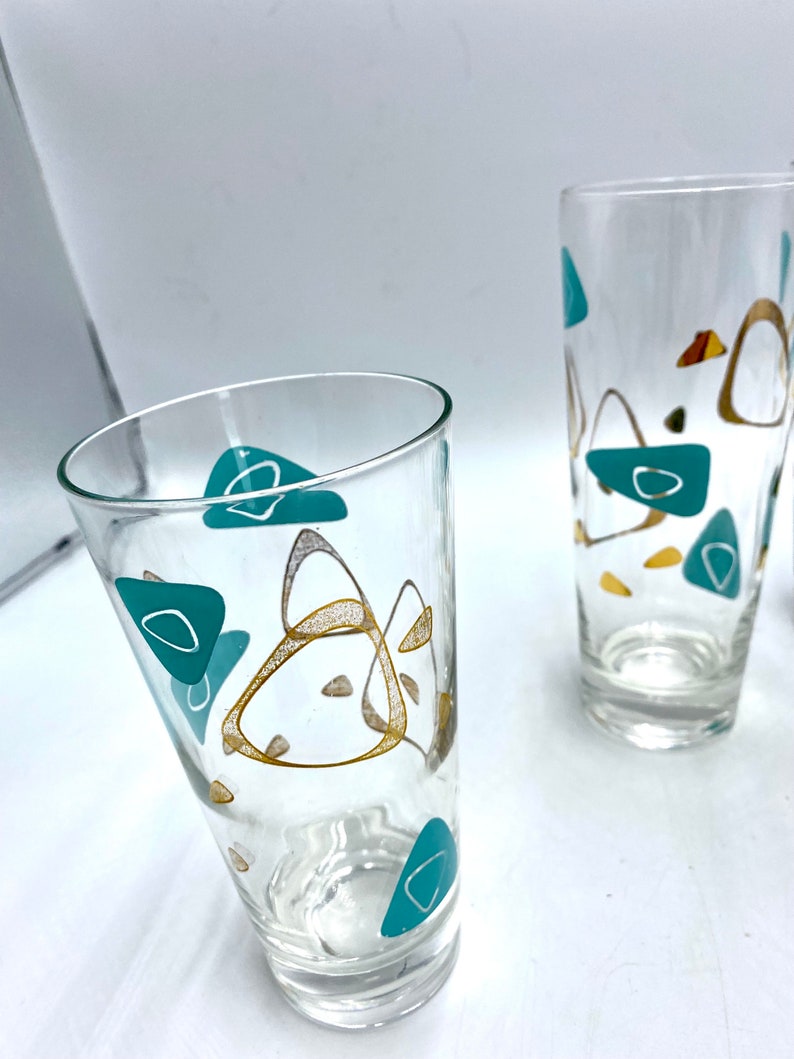 Federal Glass MCM Boomerang Capri Glasses, One 1 Water Tumbler, Turquoise Blue & Gold Drinkware, Barware Iced Tea Glasses are Sold: image 5