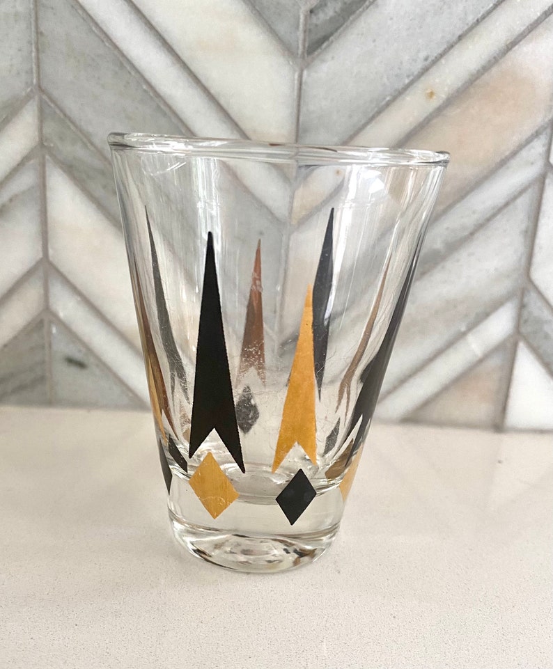 Anchor Hocking Golden Peaks MCM Shot Glasses, Short Set of 3, Gold Black Arrow, Diamond, Vintage Glassware, MCM Shot Glass, Barware image 4